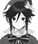  1boy bow braid closed_mouth commentary_request expressionless flower genshin_impact greyscale hair_between_eyes hat hat_flower high_collar highres looking_at_viewer male_focus monochrome poi_poifu portrait simple_background solo twin_braids venti_(genshin_impact) 