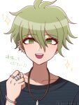  1boy :d amami_rantaro antenna_hair bracelet clenched_hand collarbone danganronpa_(series) danganronpa_v3:_killing_harmony ear_piercing green_eyes green_hair hair_between_eyes highres jewelry male_focus necklace piercing ring shirt short_hair simple_background smile solo sparkle striped striped_shirt suiren_yurei teeth translation_request upper_teeth_only white_background 