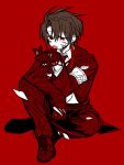  1boy armband blood brown_hair collared_shirt colored_skin commentary_request e.g.o_(project_moon) employee_(lobotomy_corporation) jacket lobotomy_corporation long_sleeves male_focus necktie pants project_moon red_background red_eyes red_footwear red_jacket red_necktie red_pants shirt short_hair shot_(urem) simple_background sitting sketch solo tongue tongue_out white_armband white_shirt white_skin 