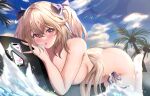  1girl absurdres anchorage_(azur_lane) anchorage_(dolphins_and_swim_lessons)_(azur_lane) ass azur_lane bare_shoulders bikini bikini_bottom_only blush breasts cellphone hair_between_eyes hair_ribbon highres inflatable_orca inflatable_toy large_breasts light_brown_hair long_hair loob looking_at_viewer official_alternate_costume outdoors palm_tree phone ribbon smartphone soles surfing swimsuit thighhighs thighs tree twintails very_long_hair wet white_bikini white_thighhighs 