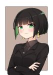  1girl allmind_(armored_core_6) armored_core armored_core_6 black_hair black_necktie black_suit blush border brown_background character_logo commentary_request crossed_arms earrings green_eyes green_hair grey_shirt highres hime_cut i.u.y jewelry looking_at_viewer mole mole_under_eye multicolored_hair necktie office_lady outside_border personification shirt short_hair solo suit triangle_earrings white_border 