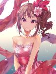 1girl abstract_background ahoge bare_shoulders blush bow breasts brown_hair cleavage collarbone dress drill_hair earrings feather_hair_ornament feathers flower gradient_background hair_flower hair_ornament highres idolmaster idolmaster_million_live! idolmaster_million_live!_theater_days jewelry looking_at_viewer medium_breasts necklace pearl_necklace pink_dress purple_eyes side_ponytail smile solo waist_bow yae_(mono110) yokoyama_nao 