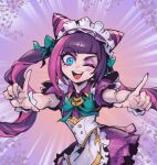  1girl :d ;d apron blush bow bowtie buttons cafe_cuties_jinx cat_ornament cone_hair_bun double-breasted dress emphasis_lines green_bow green_bowtie green_eyes hair_bun hands_up index_finger_raised jinx_(league_of_legends) league_of_legends maid_headdress multicolored_background official_alternate_costume one_eye_closed open_mouth phantom_ix_row pink_dress pink_shirt puffy_short_sleeves puffy_sleeves reference_request shirt short_sleeves smile solo teeth tongue upper_teeth_only waist_apron wrist_cuffs 