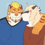  &lt;3 2022 anthro beard blonde_hair blush clothed clothing colored digital_media_(artwork) duo ear_piercing embrace eyes_closed facial_hair felid fully_clothed fur hair hand_over_shoulder hi_res hug iconography inner_ear_fluff kissing kissing_cheek love male male/male mammal motion_lines muscular muscular_male nick_saunders_(templar) orange_body orange_fur pantherine pecs piercing procyonid raccoon romantic romantic_couple shirt side_hug simple_background smile super-nova swaggy_tamago t-shirt tiger topwear tuft vince_(super-nova) white_body white_fur yellow_body yellow_fur 