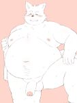 2023 absurd_res anthro balls belly big_belly blush canid canine canis domestic_dog eyes_closed genitals hi_res ibuki_haruno kemono male mammal moobs navel nipples overweight overweight_male penis pink_background simple_background solo 