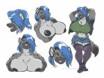  anthro areola big_breasts black_areola black_nipples black_nose blue_hair bottomwear breasts cleavage clothed clothing cutoffs denim denim_clothing female fur grey_body grey_fur hair huge_breasts hyena mammal midriff navel nipples nude open_clothing open_topwear open_vest shirt shorts simple_background solo spotted_hyena tank_top teeth thetiedtigress topwear vest white_background yellow_eyes 