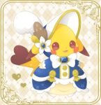  argyle argyle_background blue_dress bonnet bow bowtie brooch clothed_pokemon cosplay_pikachu dress eyelashes flower full_body hat_feather heart jewelry long_sleeves lowres no_humans open_mouth pikachu pikachu_belle pokemon pokemon_(creature) solo standing ten&#039;on_(amane09) 