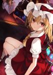  1girl ascot blonde_hair closed_mouth collared_shirt crystal flandre_scarlet frilled_skirt frills hair_between_eyes hat highres long_hair mob_cap one_side_up red_eyes red_skirt red_vest shirt short_sleeves sitting skirt socks solo touhou vest white_headwear white_shirt white_socks wings yellow_ascot yuineko 