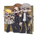  3boys :d blonde_hair blue_eyes brown_eyes brown_hair collared_shirt dapple_dualies_(splatoon) flower grey_eyes grey_hair hanamura_yousuke headphones highres inkling inkling_boy jacket kuma_(persona_4) multiple_boys narukami_yuu open_clothes open_jacket pants persona persona_4 pointy_ears raingkun red_flower red_rose rose shirt smile splatana_wiper_(splatoon) splatoon_(series) tentacle_hair 