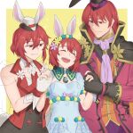  1boy 2girls :d animal_ears bare_shoulders black_gloves brother_and_sister cloak dress ebinku fake_animal_ears fire_emblem fire_emblem:_mystery_of_the_emblem fire_emblem_heroes gloves grin hat highres leotard long_sleeves looking_at_another maria_(fire_emblem) maria_(spring)_(fire_emblem) medium_hair michalis_(fire_emblem) michalis_(spring)_(fire_emblem) minerva_(fire_emblem) minerva_(spring)_(fire_emblem) mini_hat multiple_girls neckerchief official_alternate_costume open_mouth puffy_short_sleeves puffy_sleeves rabbit_ears red_eyes red_hair short_hair short_sleeves siblings sisters smile upper_body white_gloves yellow_background 