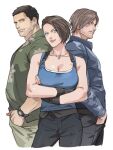  1girl 2boys beard black_hair blue_eyes blue_jacket blue_tank_top breasts brown_hair chris_redfield claire_redfield cleavage commentary_request contrapposto crossed_arms facial_hair hands_in_pockets jacket large_breasts leon_s._kennedy multiple_boys resident_evil resident_evil:_death_island short_hair smile tank_top tatsumi_(psmhbpiuczn) watch wristwatch 