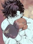  1boy absurdres boxer boxing_gloves brown_hair fighting_stance hajime_no_ippo highres looking_at_viewer male_focus muscular muscular_male sendou_takeshi solo sweat topless_male 