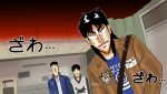  3boys black_hair blue_shirt brown_jacket chang_bowen closed_mouth commentary_request facial_hair fukumoto_nobuyuki_(style) goatee grey_shirt hospital indoors itou_kaiji jacket kaiji long_hair long_sleeves looking_at_viewer male_focus mario_garcia medium_bangs meme metal_gear_(series) metal_gear_solid_v:_the_phantom_pain multiple_boys nine_years_in_a_coma_(meme) official_style open_mouth parody patch pointy_nose sanpaku satou_(ultrmngrtsrt) scar scar_on_cheek scar_on_face shirt style_parody teeth upper_body upper_teeth_only white_shirt zawa_(onomatopoeia) 