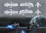  3d absurdres battlecruiser_(eve_online) commentary concept_art copyright_name emblem eve_online from_side gallente_federation_(eve_online) glowing grey_theme highres logo maya_(medium) military_vehicle multiple_views nebula no_humans original photoshop_(medium) planet realistic reference_sheet reflection science_fiction space spacecraft thorionart thrusters vehicle_focus 
