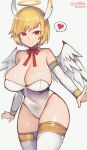  1girl angel_(monster_farm) babayaga_13lood blonde_hair blush breasts cleavage detached_sleeves feathered_wings grey_background halo head_wings heart highres large_breasts leotard looking_at_viewer monster_farm neck_ribbon red_eyes red_ribbon ribbon short_hair simple_background smile solo spoken_heart thighhighs white_leotard white_thighhighs white_wings wings 