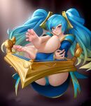  1girl absurdres aqua_hair ass barefoot blue_eyes blue_hair commentary english_commentary feet foot_focus full_body gradient_hair green_hair highres hugging_own_legs instrument kairunoburogu league_of_legends legs long_hair long_sleeves looking_at_viewer multicolored_hair simple_background smile soles solo sona_(league_of_legends) toes very_long_hair 
