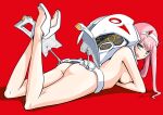  1girl albyee aqua_eyes ass bare_legs belt breasts commentary darling_in_the_franxx english_commentary eyelashes eyeliner feet feet_up from_side full_body hairband horns legs licking_lips long_hair looking_at_viewer makeup medium_breasts nude oni_horns pink_hair red_background red_horns sandals shadow signature simple_background solo thighs toenails toes tongue tongue_out white_hairband zero_two_(darling_in_the_franxx) 