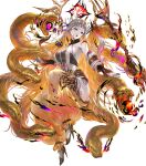  1girl animal bare_shoulders breasts fire_emblem fire_emblem_heroes forehead_jewel full_body gem gold_trim gradient_clothes gradient_hair grey_hair gullveig_(fire_emblem) high_heels highres horns jewelry large_breasts long_hair multicolored_hair non-web_source official_art orange_hair pale_skin pants see-through single_horn sleeveless snake solo staff transparent_background two-tone_hair yoshiku_(oden-usagi) 