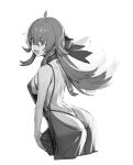  1girl ahoge artist_name ass back backless_dress backless_outfit bag bare_back bare_shoulders breasts butt_crack character_request copyright_request cropped_legs crossed_bangs dress from_behind greyscale highres holding long_hair looking_to_the_side medium_breasts meme_attire monochrome o-ring olys open_mouth revealing_clothes sideboob sidelocks simple_background smile solo standing thong virgin_killer_sweater white_background 