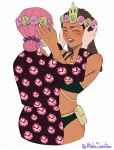  1boy 1girl absurdres alternate_hairstyle arm_tattoo atalajoestar bikini black_bikini black_hair blush brown_hair dark-skinned_male dark_skin dragona_joestar dreadlocks floral_print flower green_nails hair_bobbles hair_bun hair_ornament hands_on_another&#039;s_face head_wreath hibiscus highres hirose_yasuho jojo_no_kimyou_na_bouken otoko_no_ko pink_hair red_nails single_hair_bun swimsuit tattoo the_jojolands 