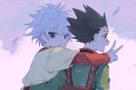  2boys arm_over_shoulder backpack bag bandaid bandaid_on_face bandaid_on_nose black_hair blue_eyes brown_eyes closed_mouth cloud gon_freecss hair_between_eyes highres hunter_x_hunter jacket kiko killua_zoldyck layered_sleeves long_sleeves looking_at_viewer looking_back male_focus multiple_boys open_mouth outdoors sky spiked_hair upper_body v white_hair 