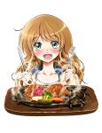  1girl absurdres apple apple_slice blush broccoli brown_hair carrot fd375575 food food_focus fork fruit green_eyes hamburger_steak highres holding holding_fork holding_knife knife long_hair looking_at_viewer meat open_mouth original solo 