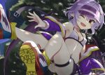  1girl akisome_hatsuka bat_wings blurry blurry_background breasts happy jacket one_eye_closed open_mouth outdoors pointy_ears purple_hair purple_jacket remilia_scarlet small_breasts solo summer swimsuit teeth thigh_strap thighs touhou tree upper_teeth_only wings 