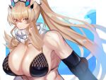  1girl absurdres bare_shoulders biceps bikini black_bikini black_gloves blonde_hair breasts cleavage elbow_gloves fairy_knight_gawain_(fate) fairy_knight_gawain_(ice_warrior)_(fate) fate/grand_order fate_(series) gloves green_eyes heterochromia high_ponytail highres horns large_breasts long_hair looking_at_viewer mmn_(user_tmjt3227) muscular muscular_female red_eyes scarf solo swimsuit white_scarf 