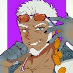  1boy aegir_(housamo) anchor_earrings aqua_hair bara beard blue_eyes dark-skinned_male dark_skin earrings facial_hair finger_to_own_chin fingernails fins fish_boy goburin_second grin jewelry looking_at_viewer male_focus mature_male multicolored_hair mustache_stubble open_clothes open_shirt pectoral_cleavage pectorals portrait seductive_smile sharp_fingernails short_hair single_earring smile solo streaked_hair thick_eyebrows tokyo_afterschool_summoners v-shaped_eyebrows white_hair 