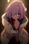  1girl bangs breasts echo_(circa) fate/grand_order fate_(series) glasses grin hair_over_one_eye jacket large_breasts light_purple_hair looking_at_viewer mash_kyrielight purple_eyes short_hair smile solo 