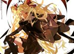  1girl absurdres black_dress black_gloves black_thighhighs blonde_hair cape dress eeju elbow_gloves ereshkigal_(fate) ereshkigal_alter_(fate) fate/grand_order fate_(series) gloves hair_ribbon highres long_hair looking_at_viewer parted_bangs red_eyes ribbon simple_background solo tan thighhighs tiara two_side_up white_background zettai_ryouiki 