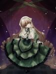  1girl brown_hair control_bar dress drill_hair expressionless frilled_dress frills full_body green_dress green_eyes head_scarf head_tilt heterochromia highres kiru_(m_putorius) lolita_fashion long_hair looking_at_viewer marionette puppet puppet_strings red_eyes rozen_maiden solo suiseiseki very_long_hair 