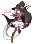  1girl belt black_cape black_headwear black_shirt brown_belt brown_footwear cape criss-cross_halter crop_top cross-laced_footwear fold-over_boots full_body halterneck hat hat_ornament holding holding_scythe long_hair looking_at_viewer magia_record:_mahou_shoujo_madoka_magica_gaiden magical_girl mahou_shoujo_madoka_magica midriff misono_karin mo_(bnh8401) navel one_eye_covered open_mouth pink_ribbon pleated_skirt print_skirt purple_eyes purple_hair purple_thighhighs ribbon scythe second-party_source shirt skirt smile solo standing standing_on_one_leg star_(symbol) star_hat_ornament star_print striped striped_thighhighs thighhighs transparent_background white_skirt witch_hat yellow_gemstone 