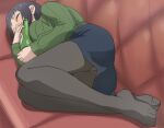  1girl ass black_pantyhose blue_skirt blush bottle breasts couch feet full_body green_sweater haruyama_kazunori houkago_teibou_nisshi kotani_sayaka large_breasts mole mole_under_eye pantyhose skirt sleeping solo sweater wine_bottle 