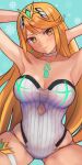  1girl arms_behind_head bare_shoulders blonde_hair breasts casual_one-piece_swimsuit choker cleavage collarbone core_crystal_(xenoblade) highres large_breasts lips long_hair looking_at_viewer mythra_(radiant_beach)_(xenoblade) mythra_(xenoblade) official_art one-piece_swimsuit pinstripe_pattern r123 sidelocks sitting skindentation smile solo spread_legs striped swept_bangs swimsuit wariza xenoblade_chronicles_(series) xenoblade_chronicles_2 yellow_background 