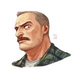  1boy aaron_gruber_(o_natsuo88) bara beard_stubble facial_hair gingham_shirt grey_hair highres looking_at_viewer male_focus mature_male mustache o_natsuo88 old old_man original portrait receding_hairline scar scar_on_cheek scar_on_face scowl shirt short_hair solo thick_eyebrows thick_mustache white_background white_shirt wrinkled_skin 