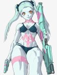  1girl abs bikini blue_hair breasts cyberpunk_(series) cyberpunk_edgerunners dual_wielding gun handgun highres holding looking_at_viewer multicolored_eyes muscular muscular_female rebecca_(cyberpunk) shotgun small_breasts solo swimsuit tattoo toned twintails weapon white_background yoracrab 