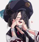  1girl anger_vein angry black_hair blush character_request closed_eyes crossed_bangs fate/grand_order fate_(series) grey_background hair_between_eyes hair_over_one_eye happy hat heart highres long_sleeves mole mole_under_eye open_mouth own_hands_together simple_background squeezing_cheeks teeth tongue tongue_out upper_body upper_teeth_only waira xu_fu_(fate) 