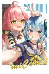  2girls :d blue_eyes blue_nails blue_sailor_collar blue_shirt blush collared_shirt flower frilled_sleeves frills green_eyes grin hair_between_eyes hair_flower hair_ornament hair_ribbon hand_on_another&#039;s_head highres holding hololive hoshimachi_suisei hoshimachi_suisei_(4th_costume) kito_koruta mouth_hold multiple_girls pink_hair pink_nails ribbon sailor_collar sakura_miko sakura_miko_(3rd_costume) selfie shirt short_sleeves smile teeth_hold upper_body v white_shirt 