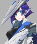  1girl black_leotard blue_eyes breasts earpiece grey_background headgear highres jacket leotard mecha_musume medium_breasts original parted_lips popped_collar purple_hair short_hair solo uhen upper_body white_jacket 