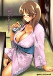  1girl absurdres arm_support beer_can blush breasts brown_hair can cleavage collarbone floral_print highres holding holding_can idolmaster idolmaster_cinderella_girls indian_style indoors japanese_clothes katagiri_sanae kimono large_breasts macototionized pink_kimono sitting smile solo tatami translation_request twitter_username 