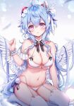  1girl ahoge amaki_ruto blue_hair blush breasts cleavage collarbone feathered_wings feathers fingernails full_body ganyu_(genshin_impact) genshin_impact hair_between_eyes highres long_hair looking_at_viewer navel parted_lips purple_eyes shadow sidelocks solo stomach thighs white_wings wings 
