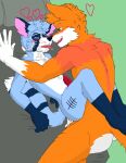 after_kiss animal_genitalia anonymous_artist anthro blush bodily_fluids cum cum_on_face dominant dominant_male duo genital_fluids genitals guto_raccoon male male/male ruby_wolfox 