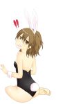 ! !! 1girl animal_ears ass back backboob bare_shoulders barefoot black_leotard breasts brown_eyes brown_hair commentary_request fake_animal_ears fake_tail from_behind hair_between_eyes i.u.y leotard looking_at_viewer medium_breasts medium_hair misaka_worst open_mouth playboy_bunny rabbit_ears rabbit_tail sitting solo surprised tail teeth toaru_majutsu_no_index upper_teeth_only white_background white_wrist_cuffs 