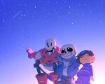  1other 2boys black_hair black_shorts blue_jacket blush boots brothers child closed_mouth frisk_(undertale) gloves hood hood_down hooded_jacket jacket korokor59513559 multiple_boys open_clothes open_jacket outdoors papyrus_(undertale) red_gloves red_scarf sans scarf shirt short_hair shorts siblings skeleton sky smile squatting star_(sky) starry_sky teeth undertale white_shirt 