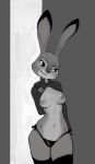  3:4 anthro biped breasts clothed clothing disney female hi_res hopps judy lagomorph legwear leporid mammal monochrome nipples nude partially_clothed police_badge rabbit reinecke smile smirk solo stockings underwear zootopia 