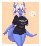  1girl black_shirt blue_eyes blue_skin borvar breasts clothes_writing colored_skin commentary cowboy_shot english_commentary english_text fuck-me_shirt highres horns large_breasts meme_attire original pointy_ears ponytail shirt signature solo t-shirt tail white_hair 