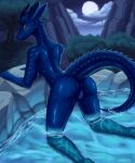  absurd_res anthro bodily_fluids dragon female genital_fluids hi_res lake mountain night plant pussy_juice solo th tree wet 