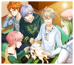  5boys :d ^_^ a3! animal_on_lap beret black_pants blue_eyes brown_eyes brown_hair brown_headwear cat closed_eyes commentary_request couch dated green_hair green_hoodie grey_hair grey_jacket hat hood hood_down hoodie ikaruga_misumi indoors jacket kuzumochi_(kuzumochiya) male_focus miyoshi_kazunari multiple_boys on_couch on_lap open_clothes open_jacket orange_hair pants pink_hair purple_eyes rurikawa_yuki sakisaka_muku shirt signature sitting smile standing striped striped_shirt sumeragi_tenma torn_clothes torn_pants white_shirt wooden_floor 