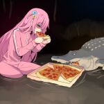  1girl absurdres bocchi_the_rock! closed_eyes commentary crocodile crocodilian food gotoh_hitori hair_ornament highres hinghoi holding holding_food holding_pizza jacket long_hair long_sleeves pants pink_hair pink_jacket pink_pants pizza pizza_slice sitting solo very_long_hair water 